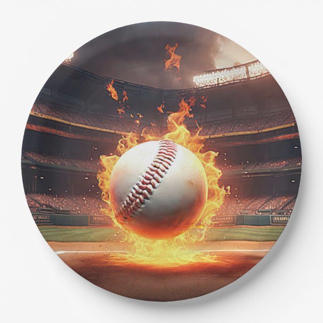 Flaming Baseball In Stadium Paper Plate (Front)