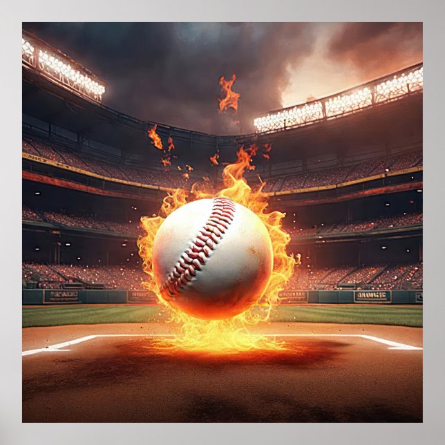 Flaming Baseball In Stadium Poster (Front)