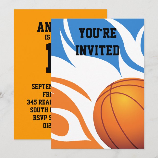 Flaming Basketball Birthday B/O Party Invitation (Front/Back)