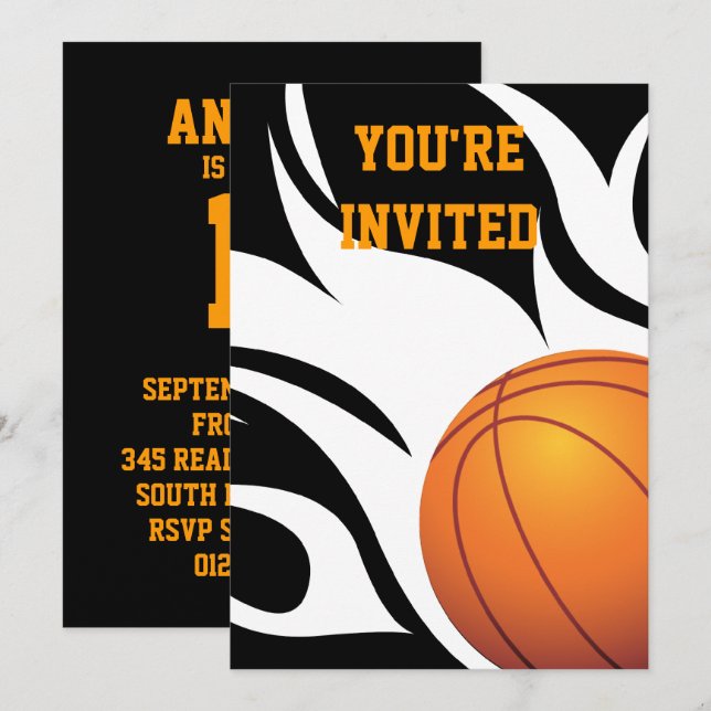 Flaming Basketball Birthday B/W Party Invitation (Front/Back)