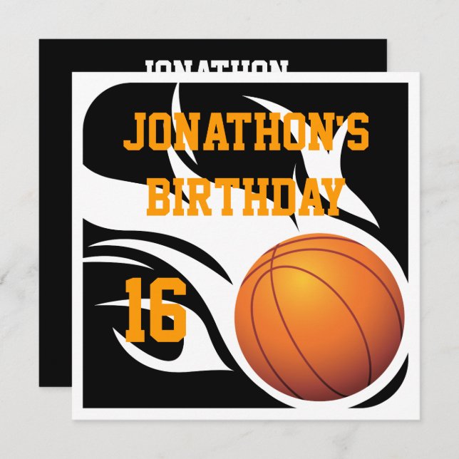 Flaming Basketball Birthday BW Party Invitation (Front/Back)