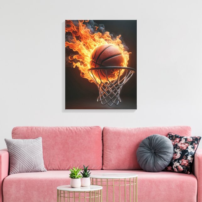 Flaming Basketball In the Hoop Canvas Print (Insitu(LivingRoom))
