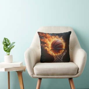 Flaming Basketball In the Hoop Throw Pillow