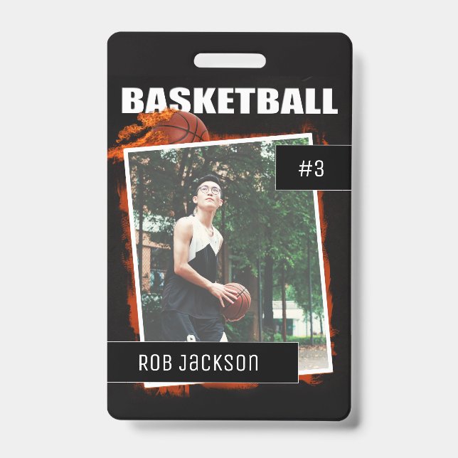 Flaming Basketball Personalized Photo badge (Front)