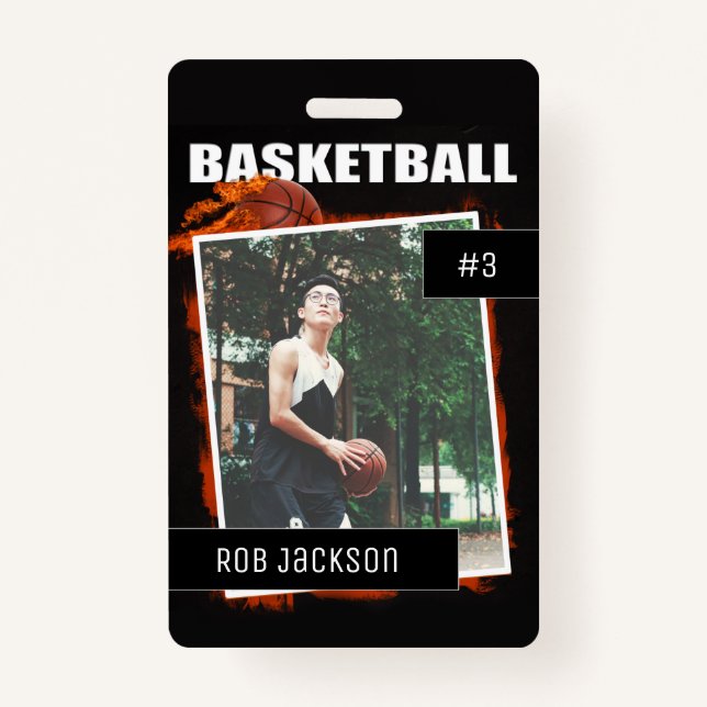 Flaming Basketball Personalized Photo badge (Front)