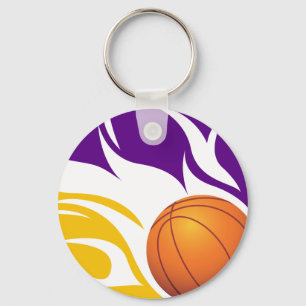 Flaming Basketball Purple and Gold Keychain