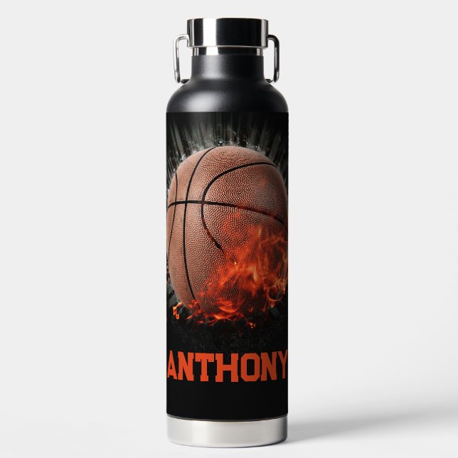 Flaming Basketball with Name Water Bottle (Front)