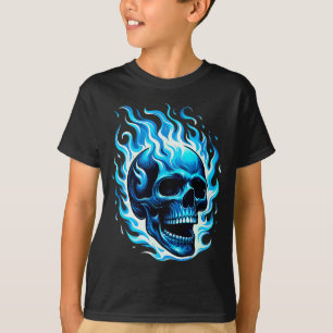 Flaming Blue Skull Cool Fun Graphic T-Shirt