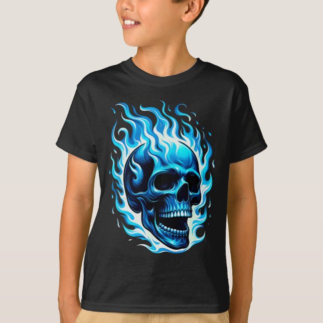 Flaming Blue Skull Cool Fun Graphic  T-Shirt (Front)