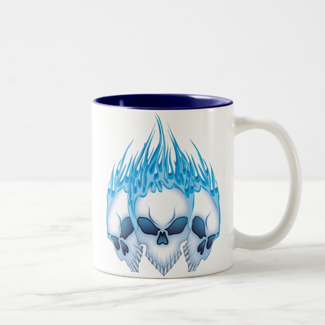 Flaming Blue Skulls Two-Tone Coffee Mug (Right)