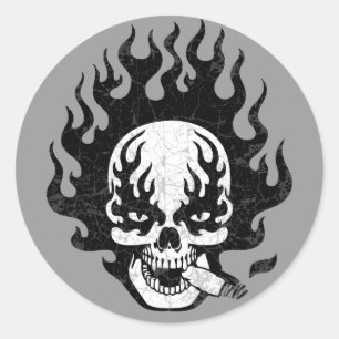 Flaming Cigar Skull -bw Classic Round Sticker