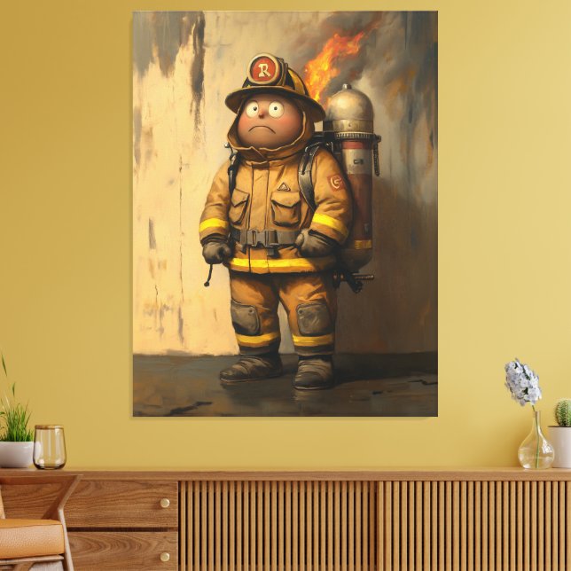 Flaming Concern: The Overwhelmed Firefighter Canvas Print (Insitu(LivingRoom))