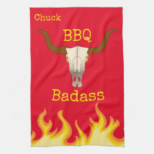 Flaming Cow Skull BBQ Badass Kitchen Towel