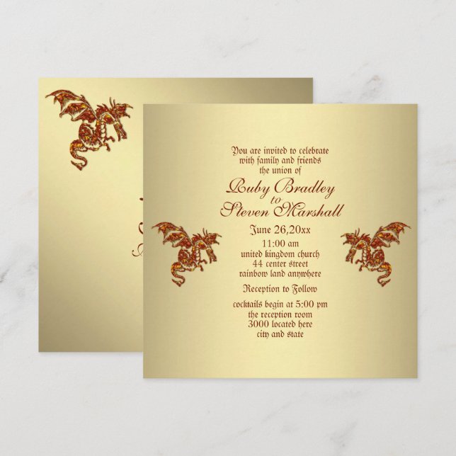  Flaming Dragon Golden Fantasy Wedding Theme Invitation (Front/Back)