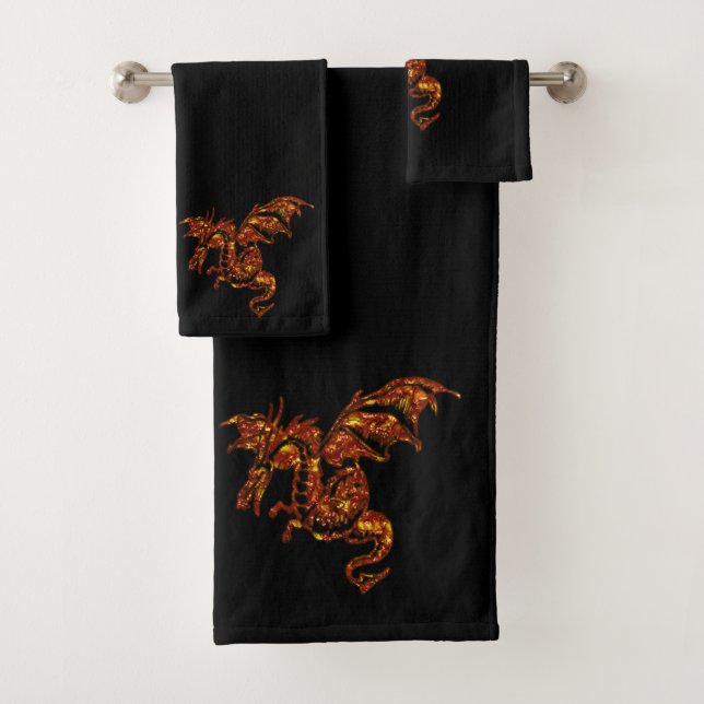 Flaming Dragon on Black Bath Towel Set (Insitu)