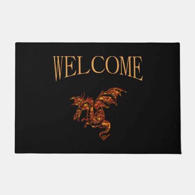 Flaming Dragon on Black Doormat (Front)