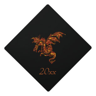 Flaming Dragon on Black Graduation Cap Topper