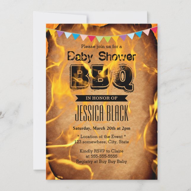 Flaming Fire Baby Shower BBQ Party Invitations (Front)