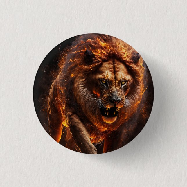 Flaming Fire Lion 1 Inch Round Button (Front)