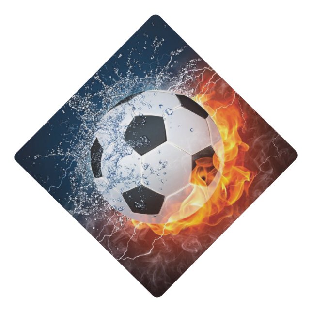 Flaming Football/Soccer Ball Throw Pillow Graduation Cap Topper (Front)