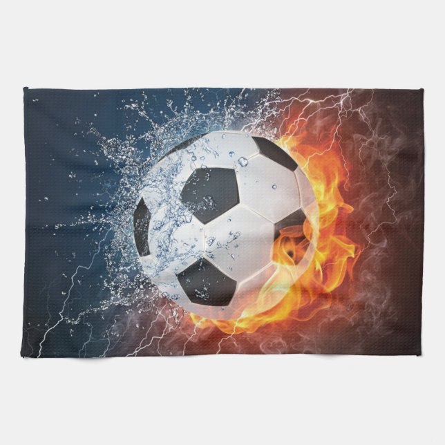 Flaming Football/Soccer Ball Throw Pillow Kitchen Towel (Horizontal)
