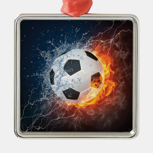 Flaming Football/Soccer Ball Throw Pillow Metal Ornament (Front)
