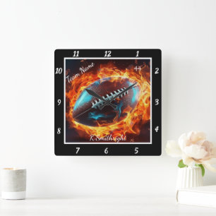 Flaming Football Sports Team  Square Wall Clock