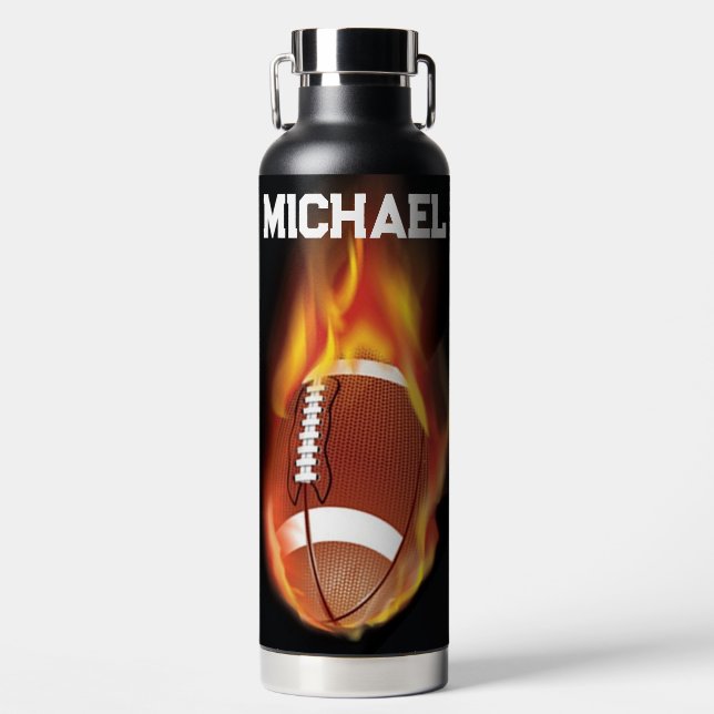 Flaming Football with Name Water Bottle (Front)