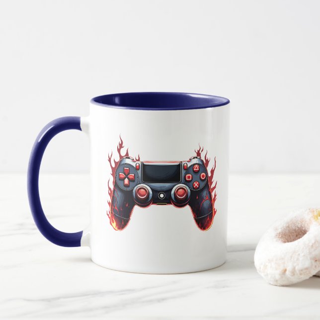 Flaming Game Controller for Console Gamers Mug (With Donut)