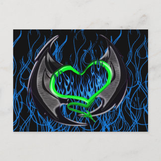 Flaming Green Heart with Bat Wings Postcard