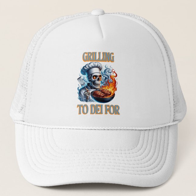 Flaming Grilling Skeleton Trucker Hat (Front)