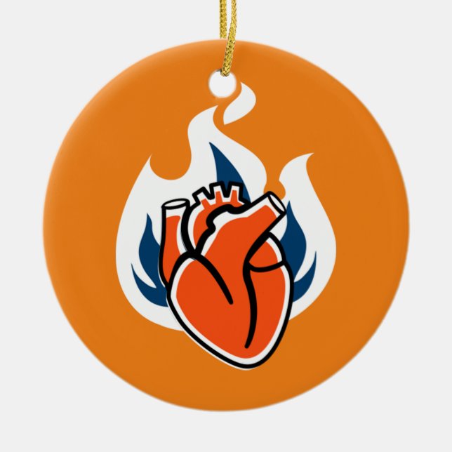 Flaming Heart Orange Crush Ceramic Ornament (Front)