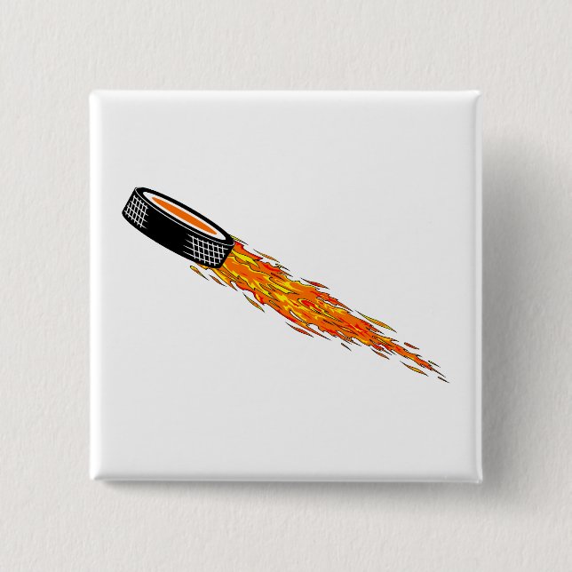 Flaming Hockey Puck 2 Inch Square Button (Front)
