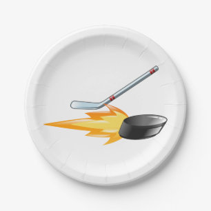 Flaming Hockey Puck Paper Plate