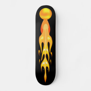 Flaming hot ball in red orange & yellow on black skateboard