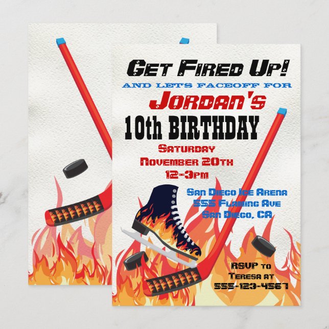 Flaming Ice Hockey Skating Party Invitations (Front/Back)