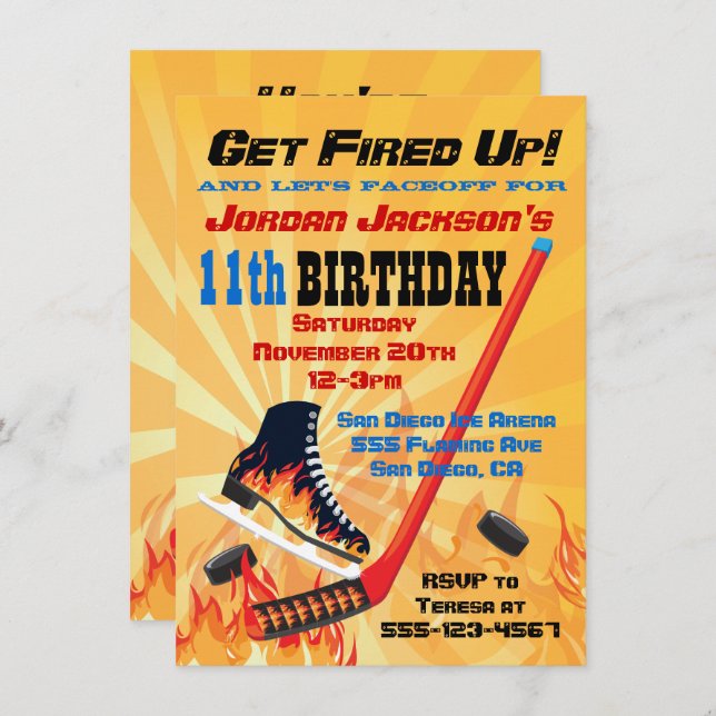Flaming Ice Hockey Skating Party Invitations (Front/Back)