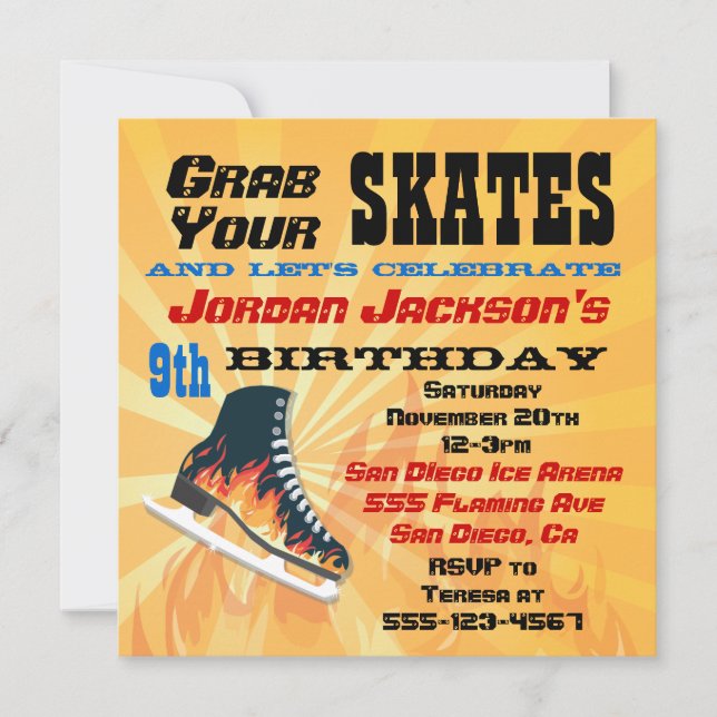 Flaming Ice Skating Birthday Party Invitation (Front)