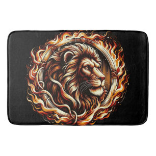 Flaming Lion in Ring of Fire Flames Astrology  Bath Mat