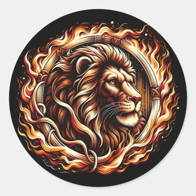 Flaming Lion in Ring of Fire Flames Astrology  Classic Round Sticker (Front)