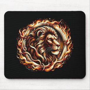 Flaming Lion in Ring of Fire Flames Astrology Mouse Pad