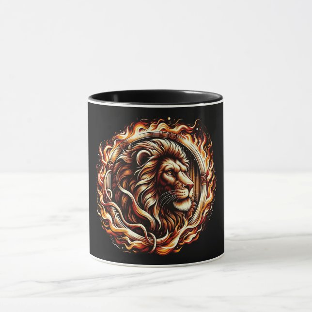 Flaming Lion in Ring of Fire Flames Astrology  Mug (Center)