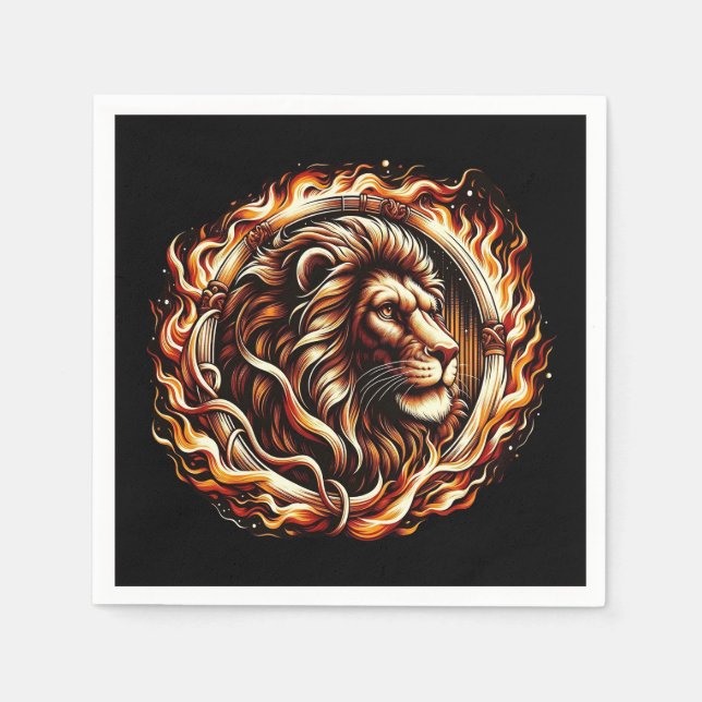 Flaming Lion in Ring of Fire Flames Astrology  Napkin (Front)