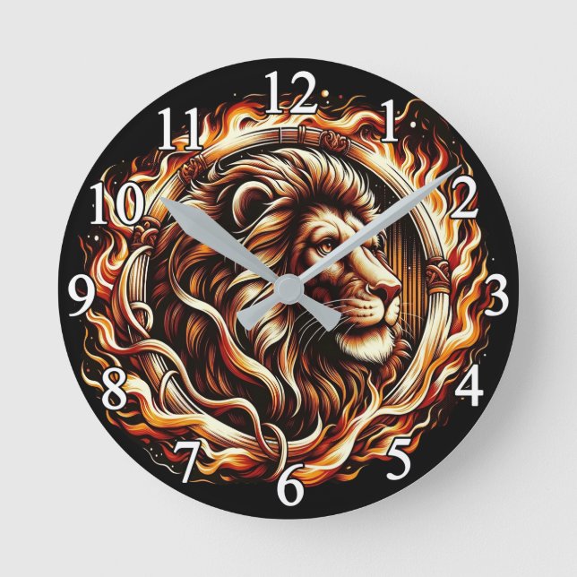 Flaming Lion in Ring of Fire Flames Astrology  Round Clock (Front)