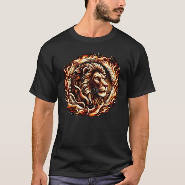 Flaming Lion in Ring of Fire Flames Astrology  T-Shirt (Front)