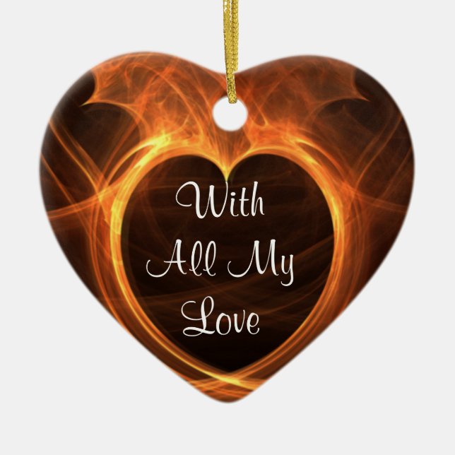 Flaming Orange Fractal Heart Design Keepsake Ceramic Ornament (Front)
