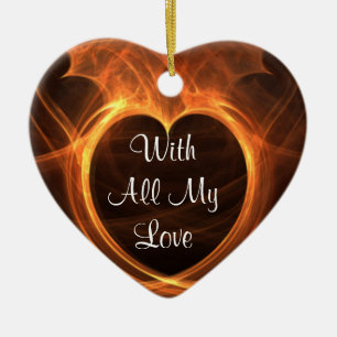 Flaming Orange Fractal Heart Design Keepsake Ceramic Ornament