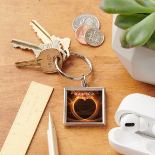 Flaming Orange Fractal Heart Design Keepsake Keychain