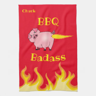 Flaming Pig Butt BBQ Badass Kitchen Towel