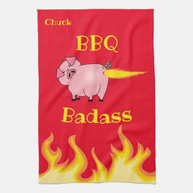 Flaming Pig Butt BBQ Badass Kitchen Towel (Vertical)